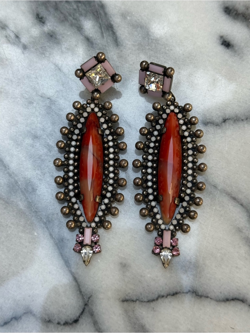 DANNIJO Statement Bronze Metal Drop Earring W/ Amber Gemstone & Pink Embel